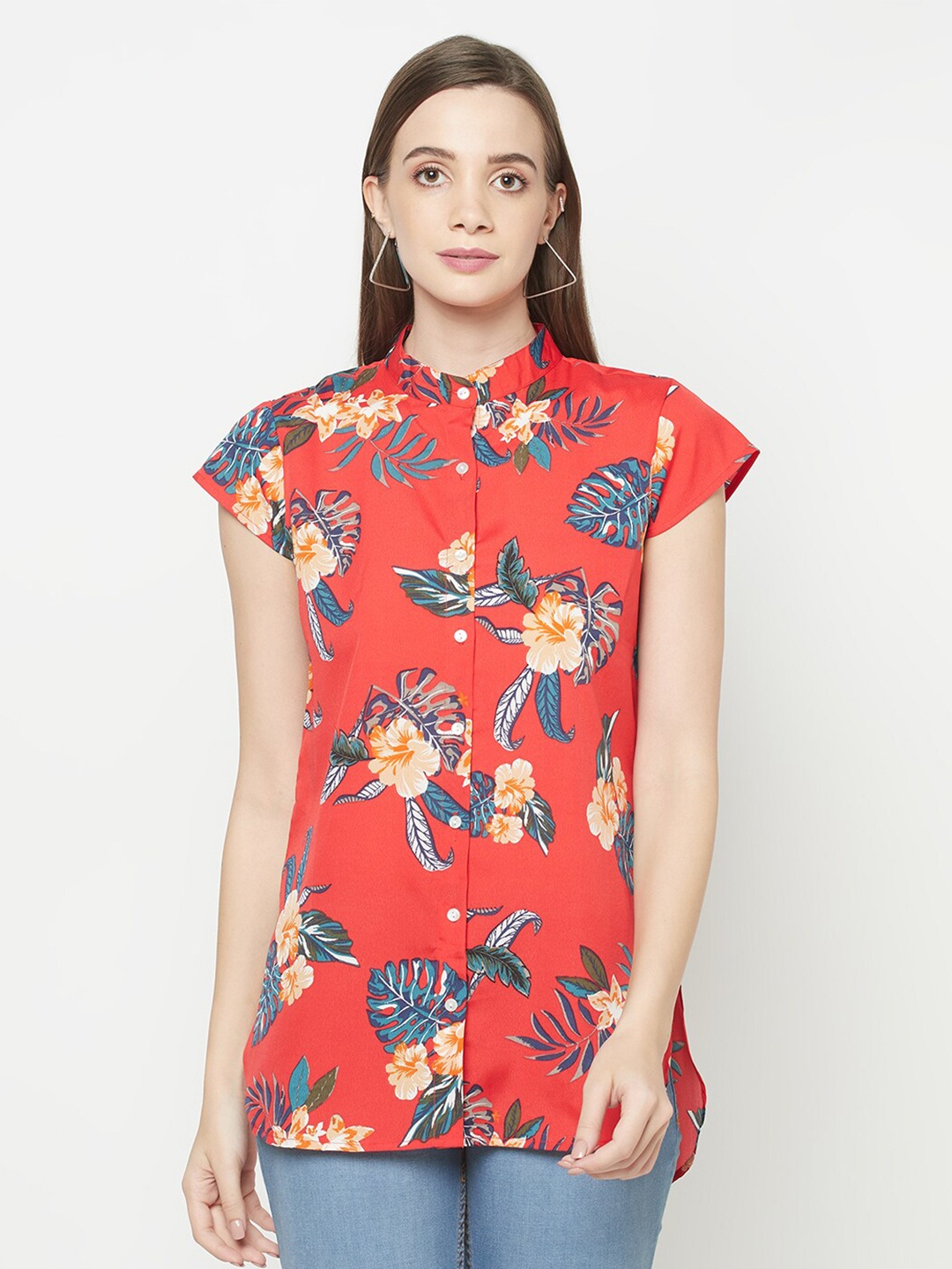 

Purple State Red & Yellow Tropical Printed Mandarin Collar Shirt Style Top