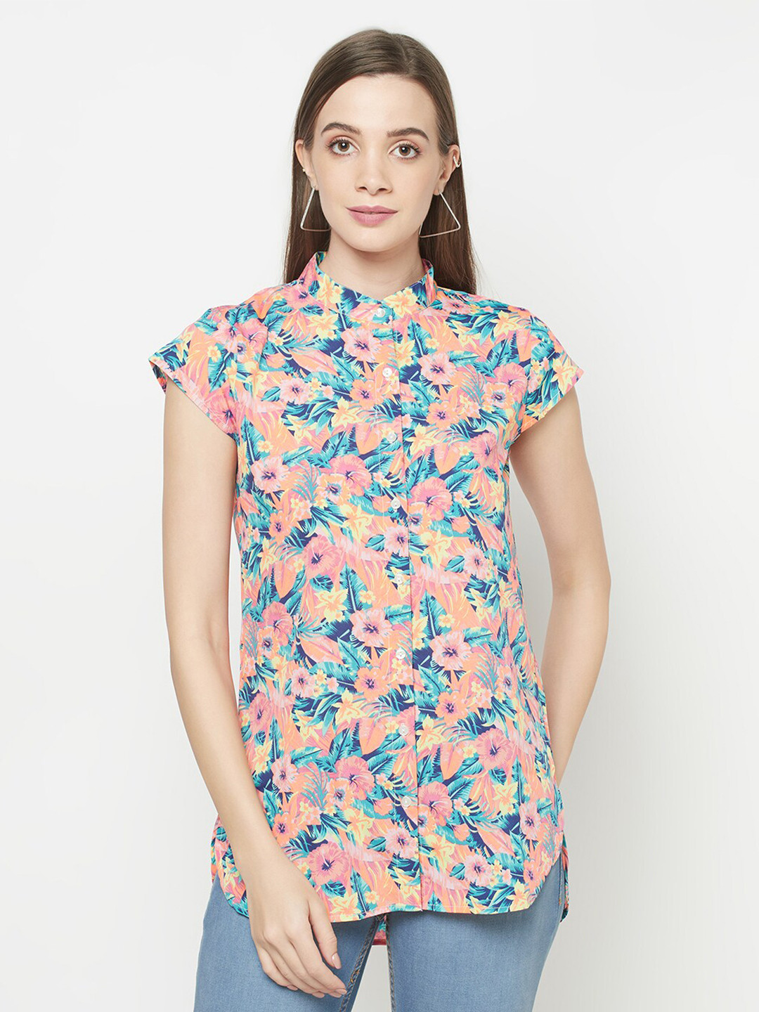 

Purple State Blue & Pink Floral Mandarin Collar Shirt Style Top