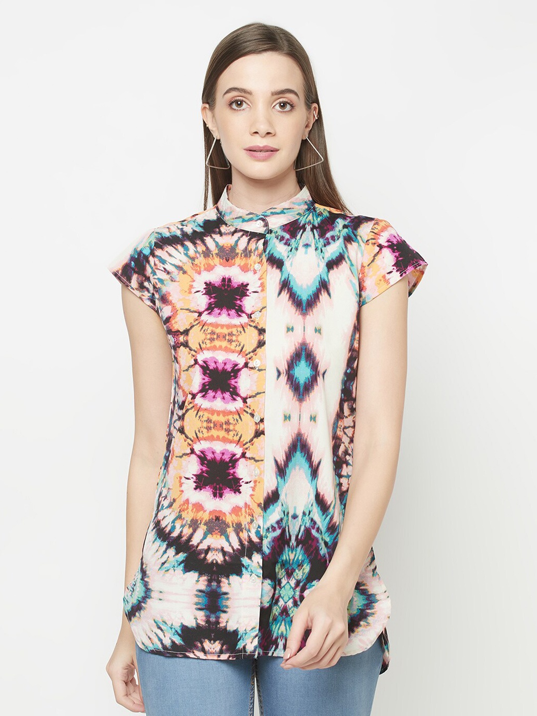 

Purple State Pink & Blue Mandarin Collar Shirt Style Top