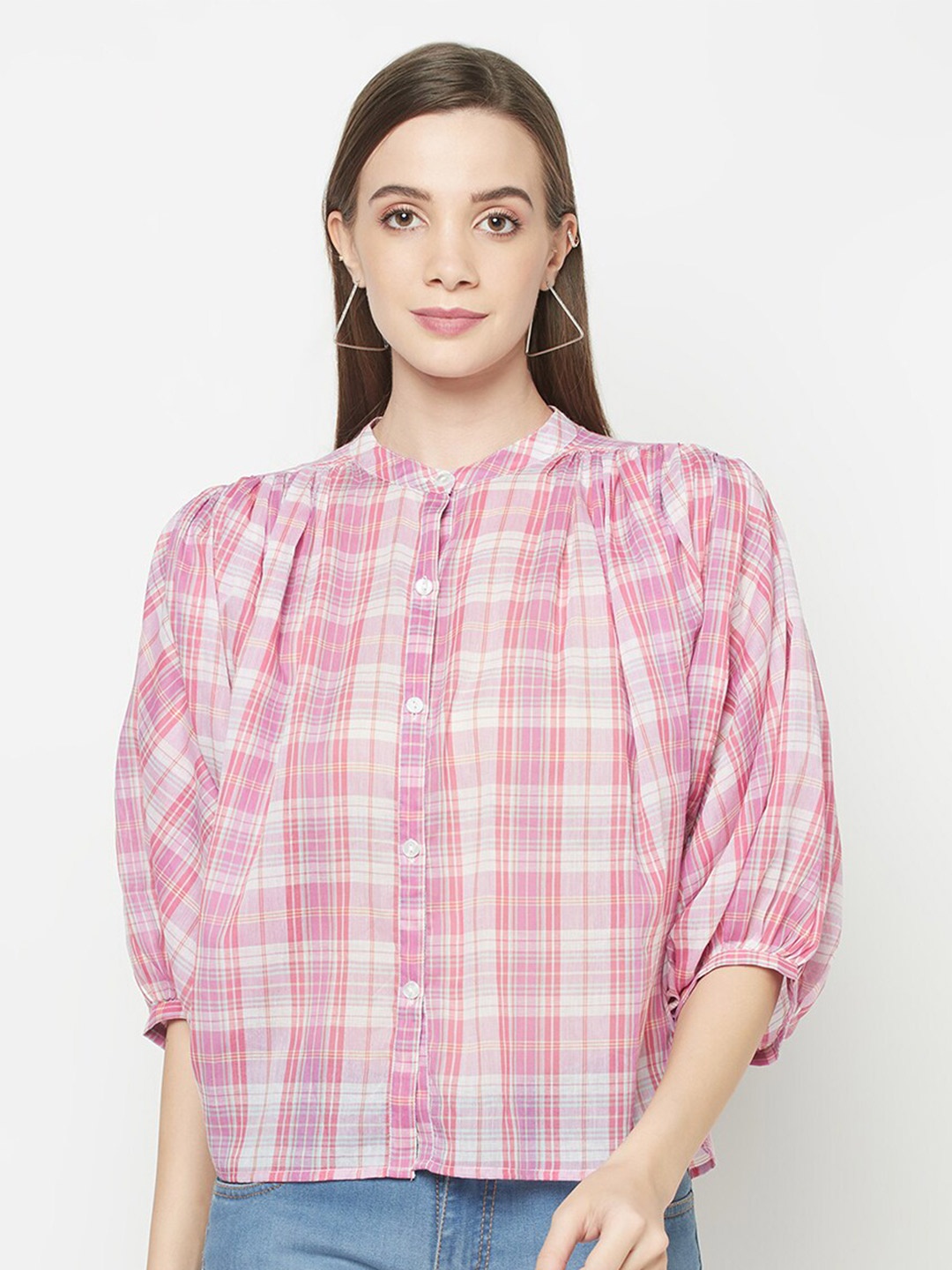 

Purple State Pink & Off White Checked Mandarin Collar Pure Cotton Shirt Style Top