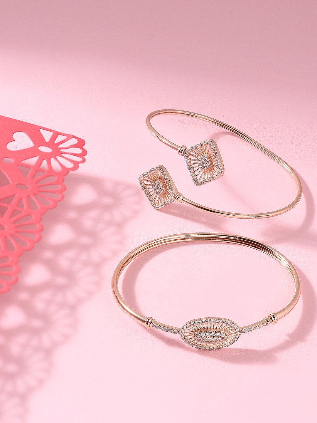 

AMI Women Set of 2 Rose Gold Contemporary Cubic Zirconia Brass Kada Style Bracelet