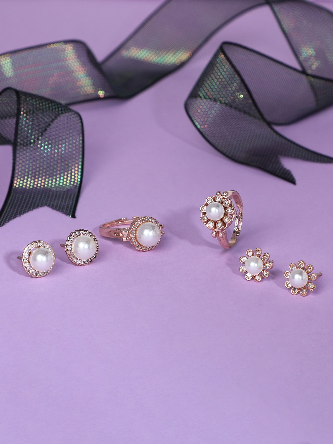 

AMI Rose Rose Gold-Plated & White CZ-Studded & Beaded Contemporary Jewellery Set