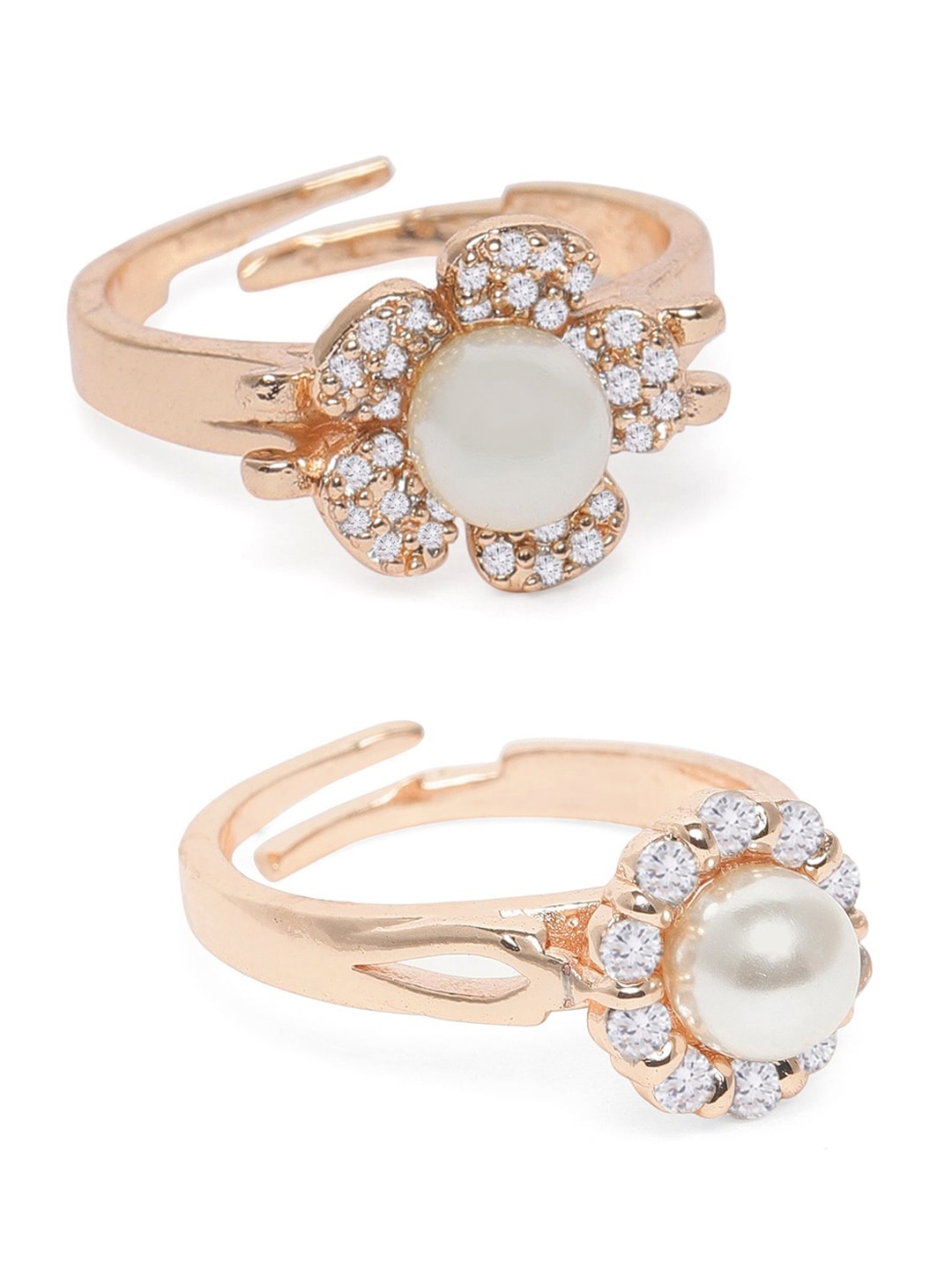 

AMI Women Set Of 2 Rose Gold Plated White Stone-Studded Pearl Beaded Adjustable Finger Rings