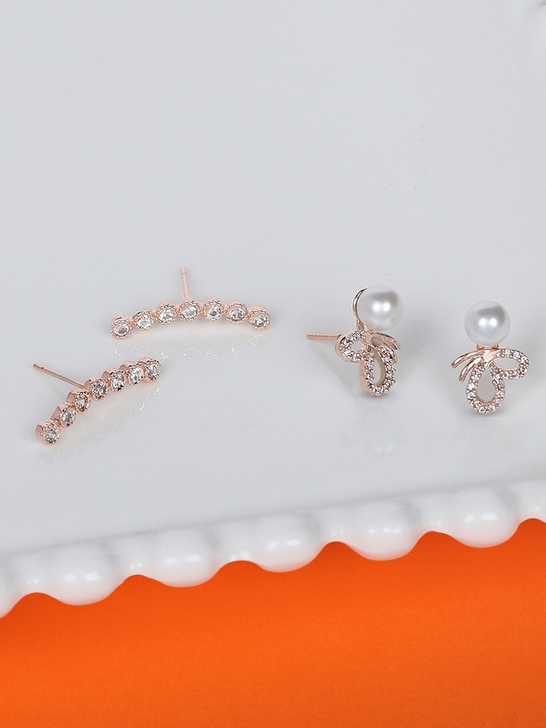 

AMI Set Of 2 Rose Gold Plated Contemporary Studs Earrings, White