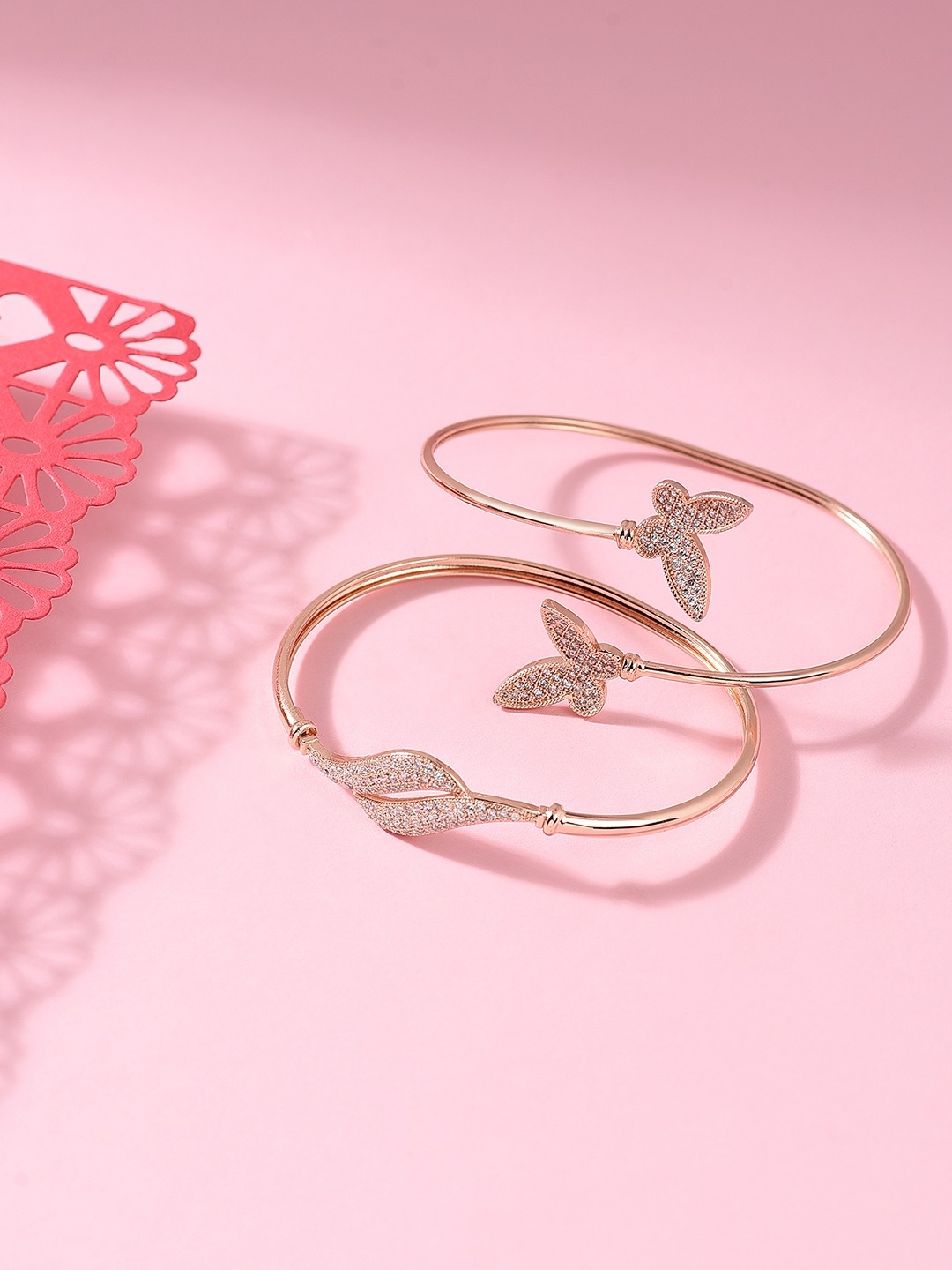 

AMI Women Set of 2 Rose Gold & White Brass Cubic Zirconia Rose Gold-Plated Kada Bracelet