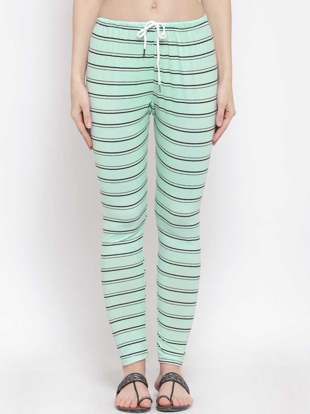 

KLOTTHE Women Sea Green & Black Striped Ankle-Length Leggings