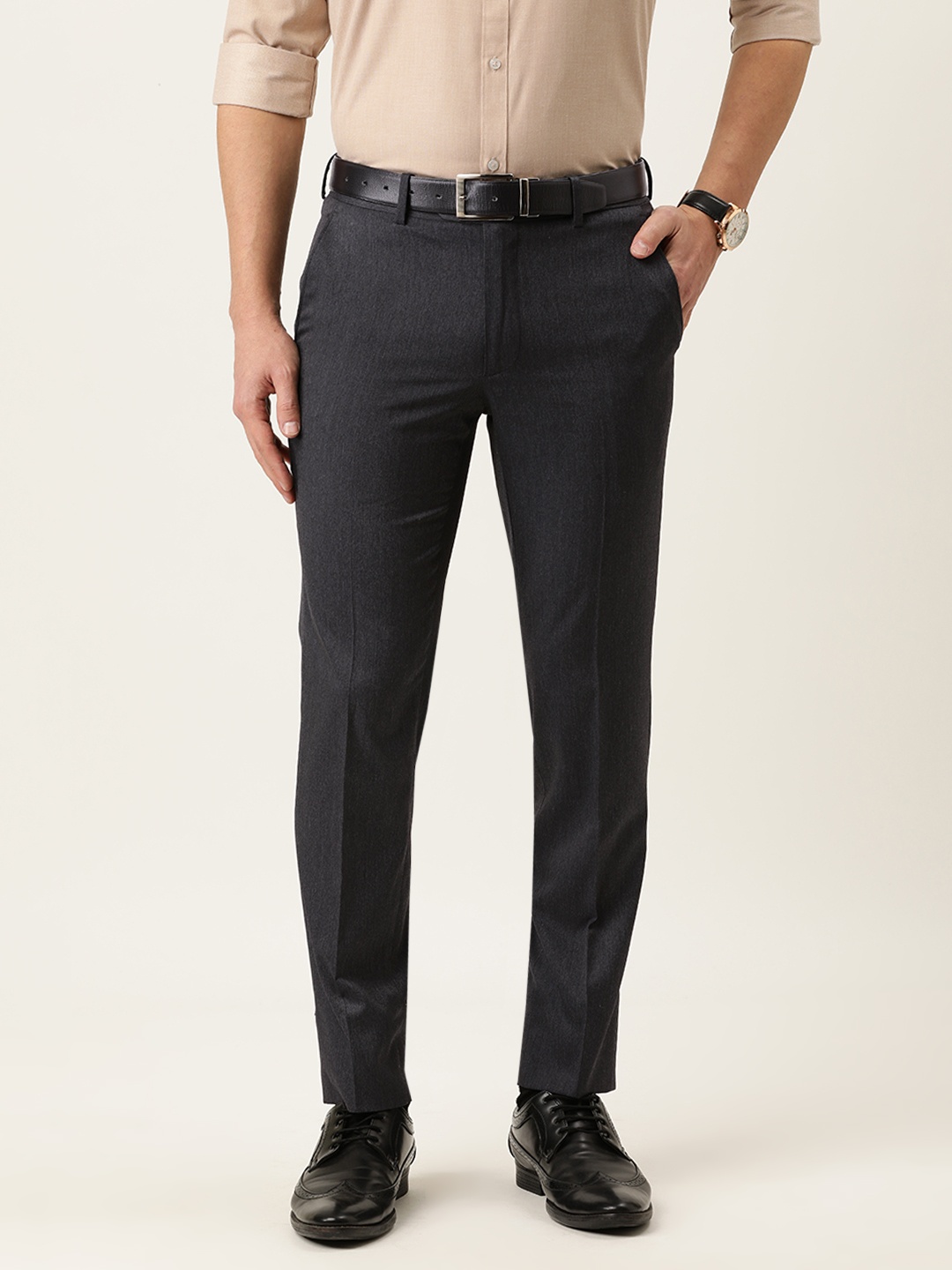 

Peter England Men Charcoal Solid Neo Slim Fit Trousers