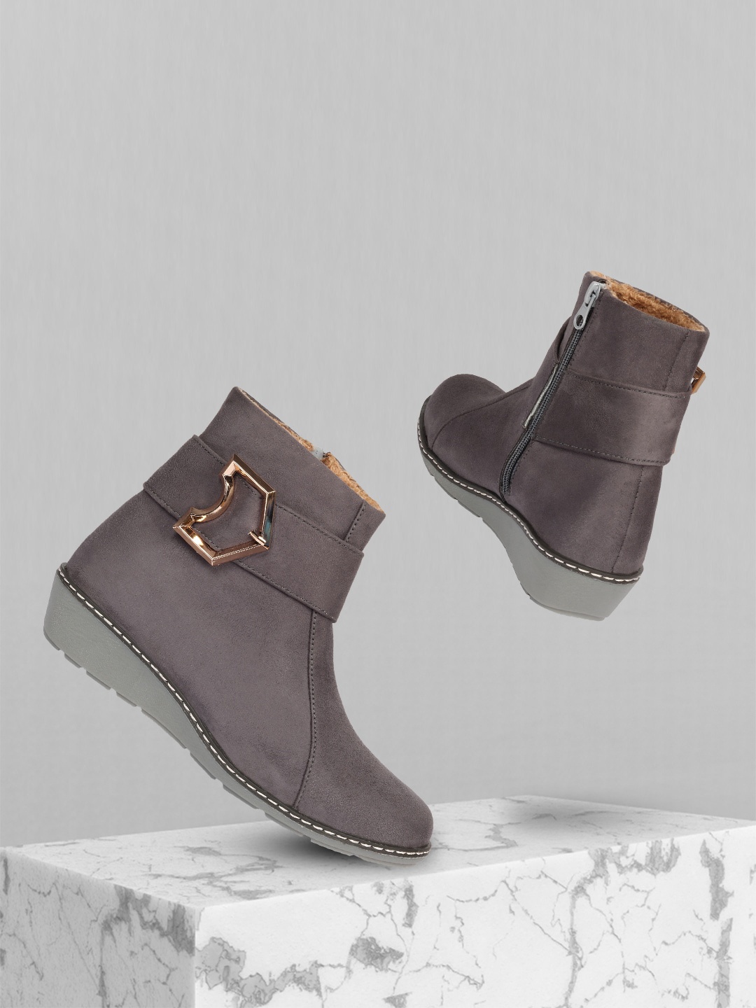 

Alishtezia Women Grey Suede High-Top Flat Boots