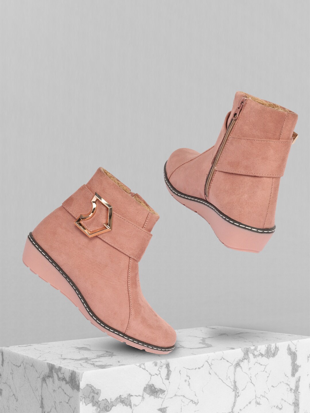 

Alishtezia Women Pink Colourblocked Suede Flat Boots