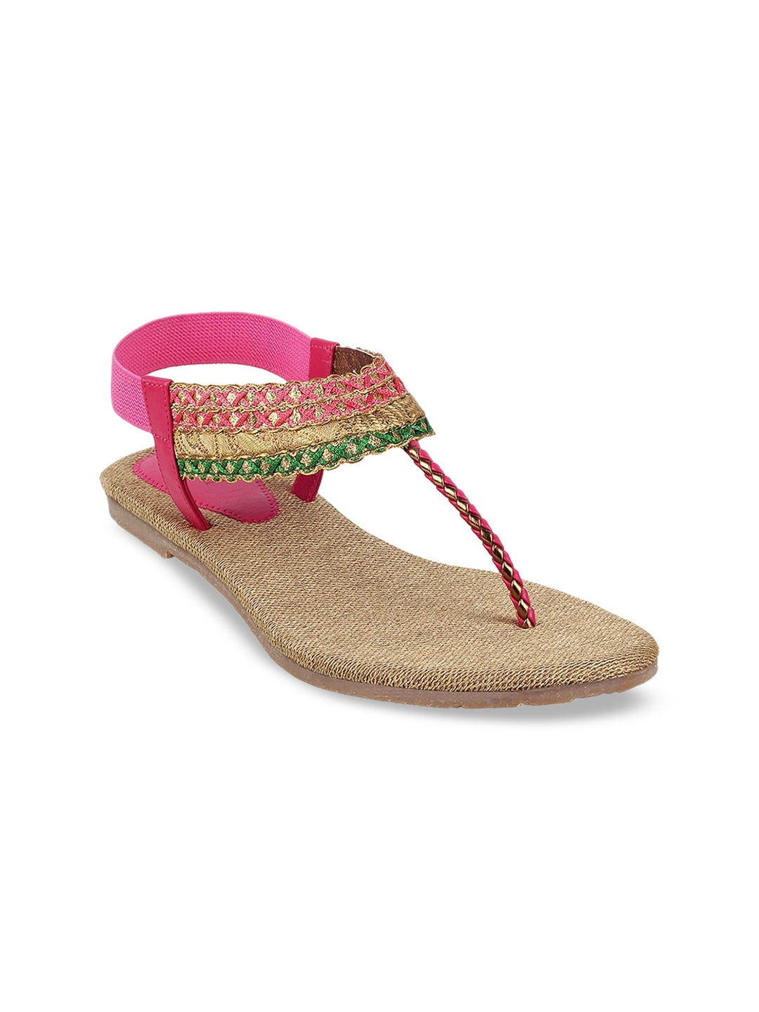 

Mochi Women Pink Embroidered T-Strap Flats