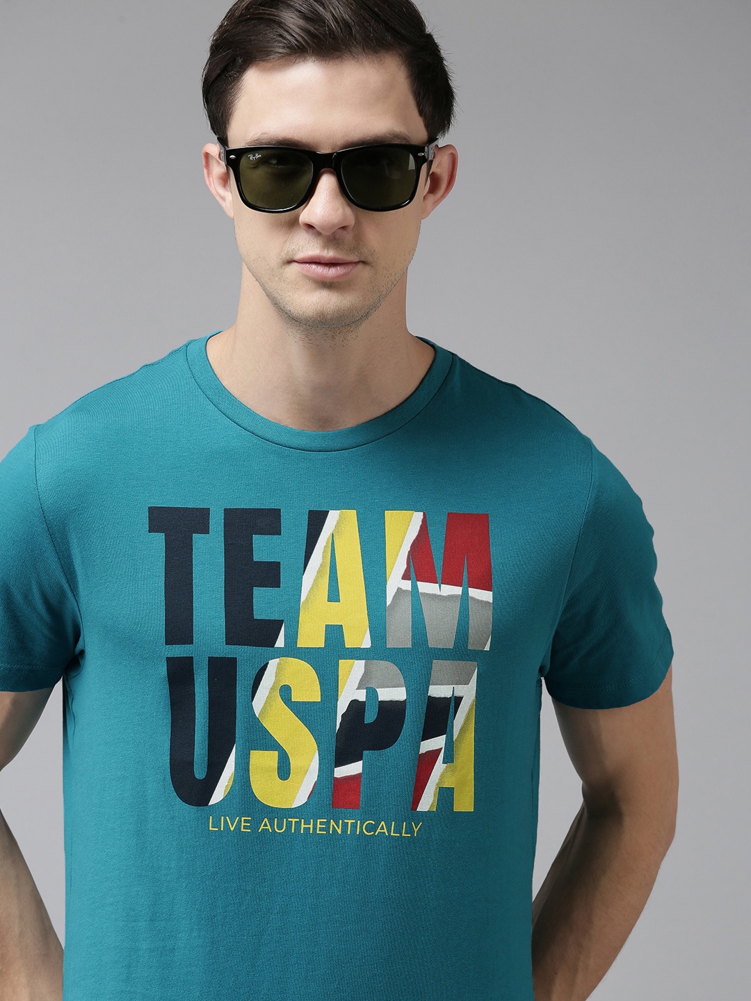 

U S Polo Assn Denim Co Men Teal Blue Typography Printed T-shirt