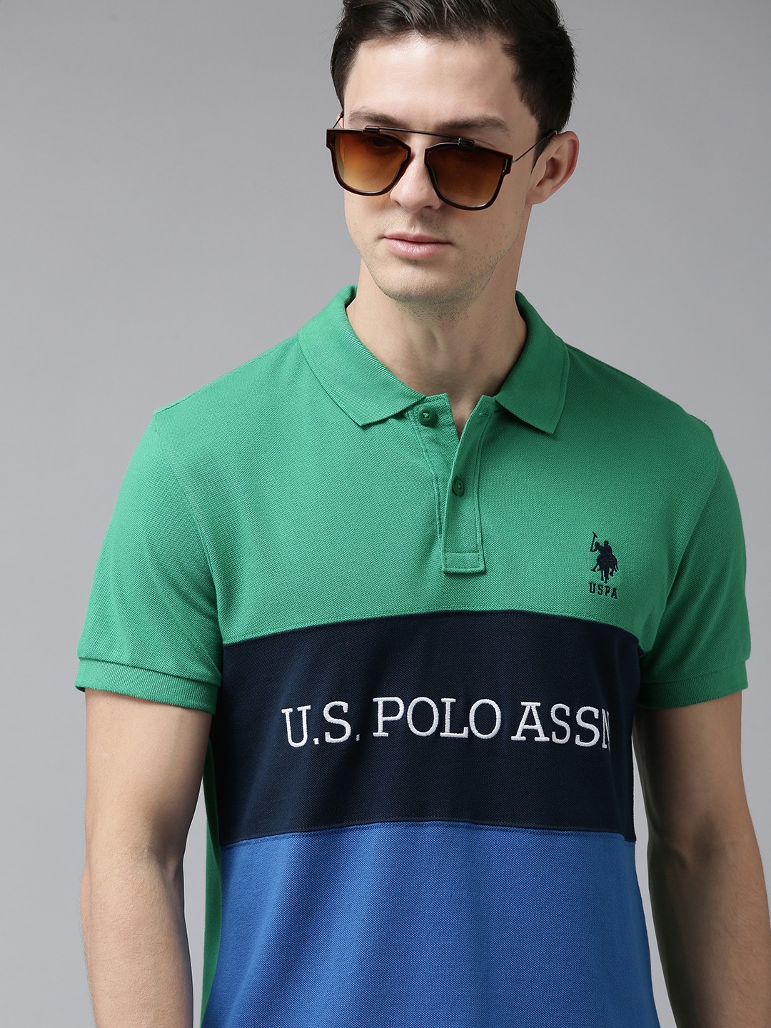 

U S Polo Assn Men Green & Blue Colourblocked Polo Collar Slim Fit T-shirt