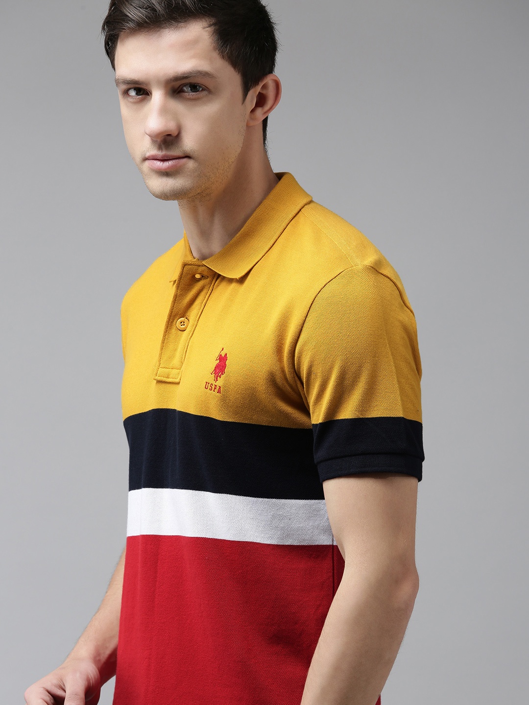 

U S Polo Assn Men Mustard Yellow & Red Colourblocked Polo Collar Slim Fit Cotton T-shirt