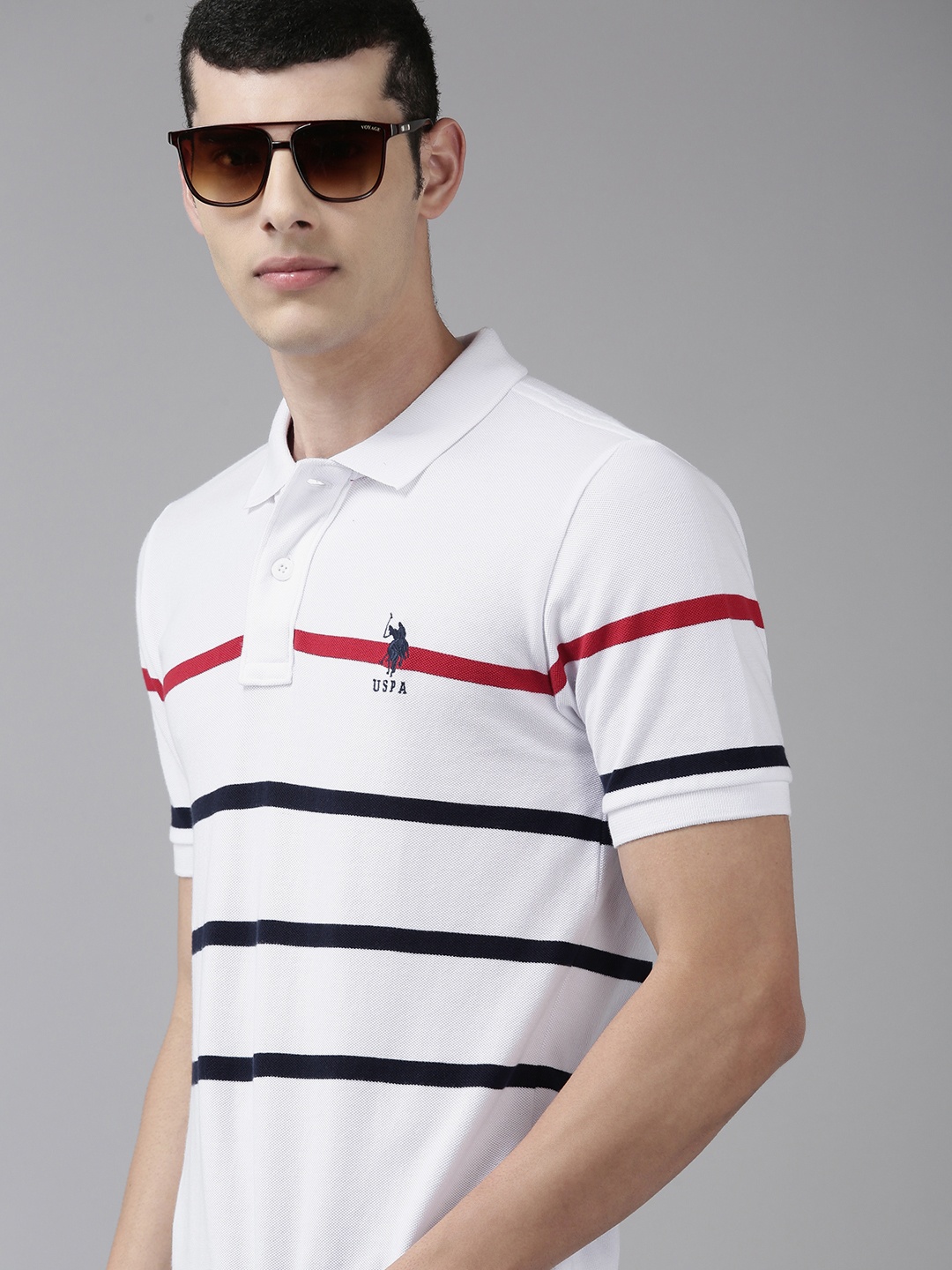 

U S Polo Assn Men White & Red Striped Polo Collar Slim Fit T-shirt