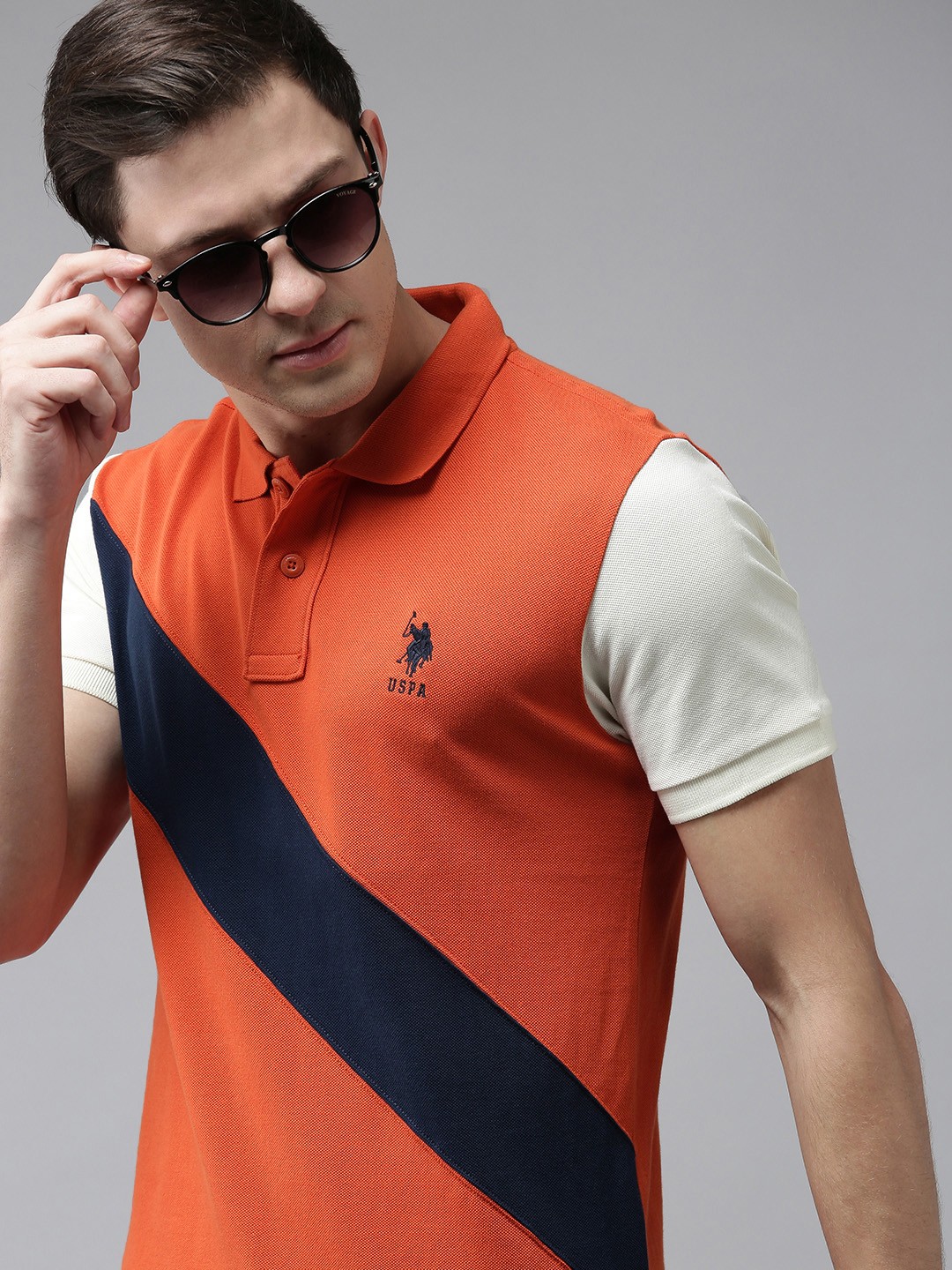 

U S Polo Assn Men Orange Colourblocked Polo Collar Slim Fit T-shirt