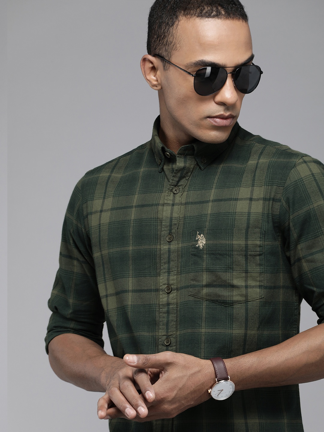 

U S Polo Assn Men Olive Green Tailored Fit Tartan Checked Pure Cotton Casual Shirt
