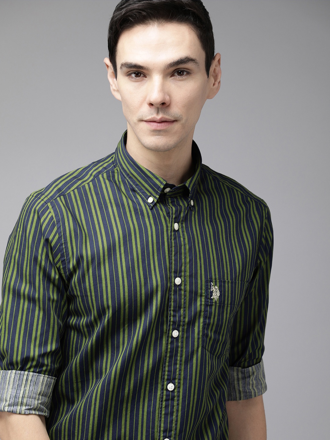 

U S Polo Assn Men Olive Green & Navy Blue Tailored Fit Striped Cotton Casual Shirt