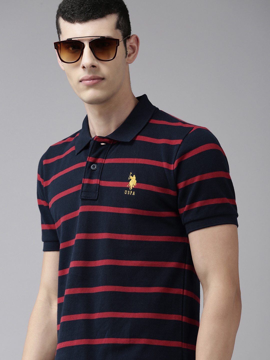 

U S Polo Assn Men Navy Blue & Red Striped Polo Collar Slim Fit Pure Cotton T-shirt