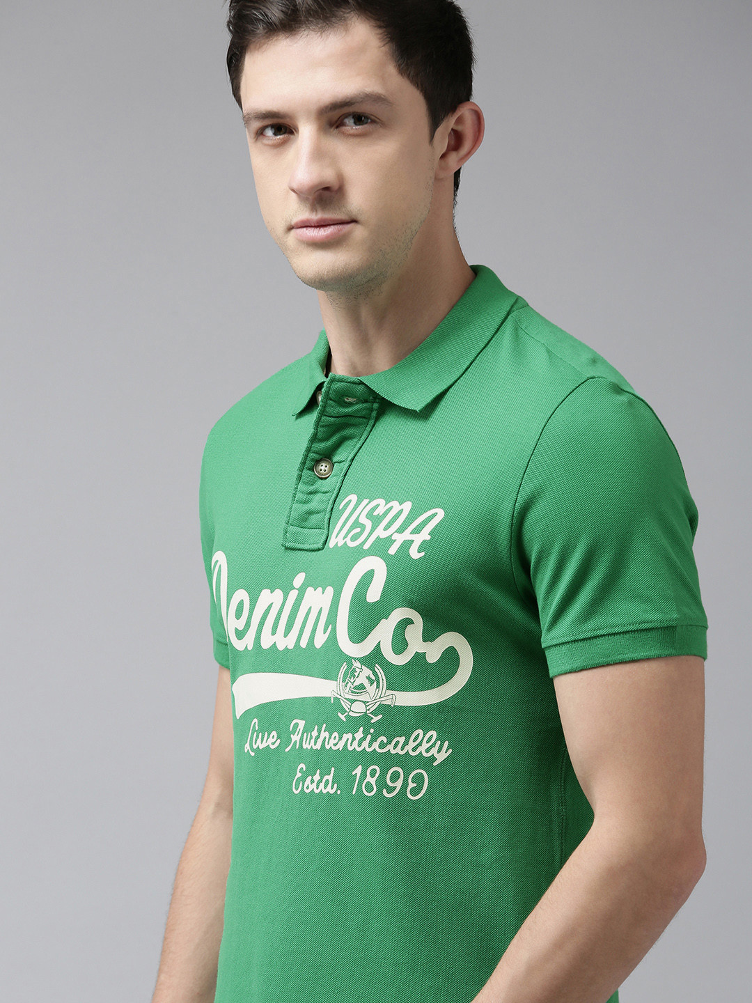

U S Polo Assn Denim Co Men Green Brand Logo Printed Polo Collar Pure Cotton T-shirt