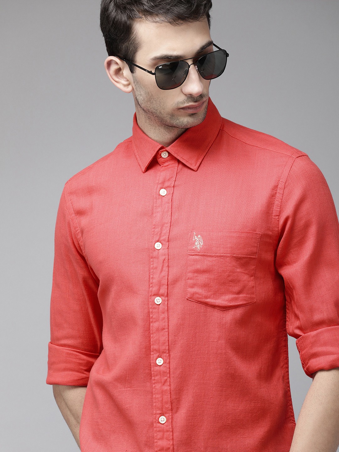 

U S Polo Assn Men Coral Red Tailored Fit Solid Pure Cotton Opaque Casual Shirt