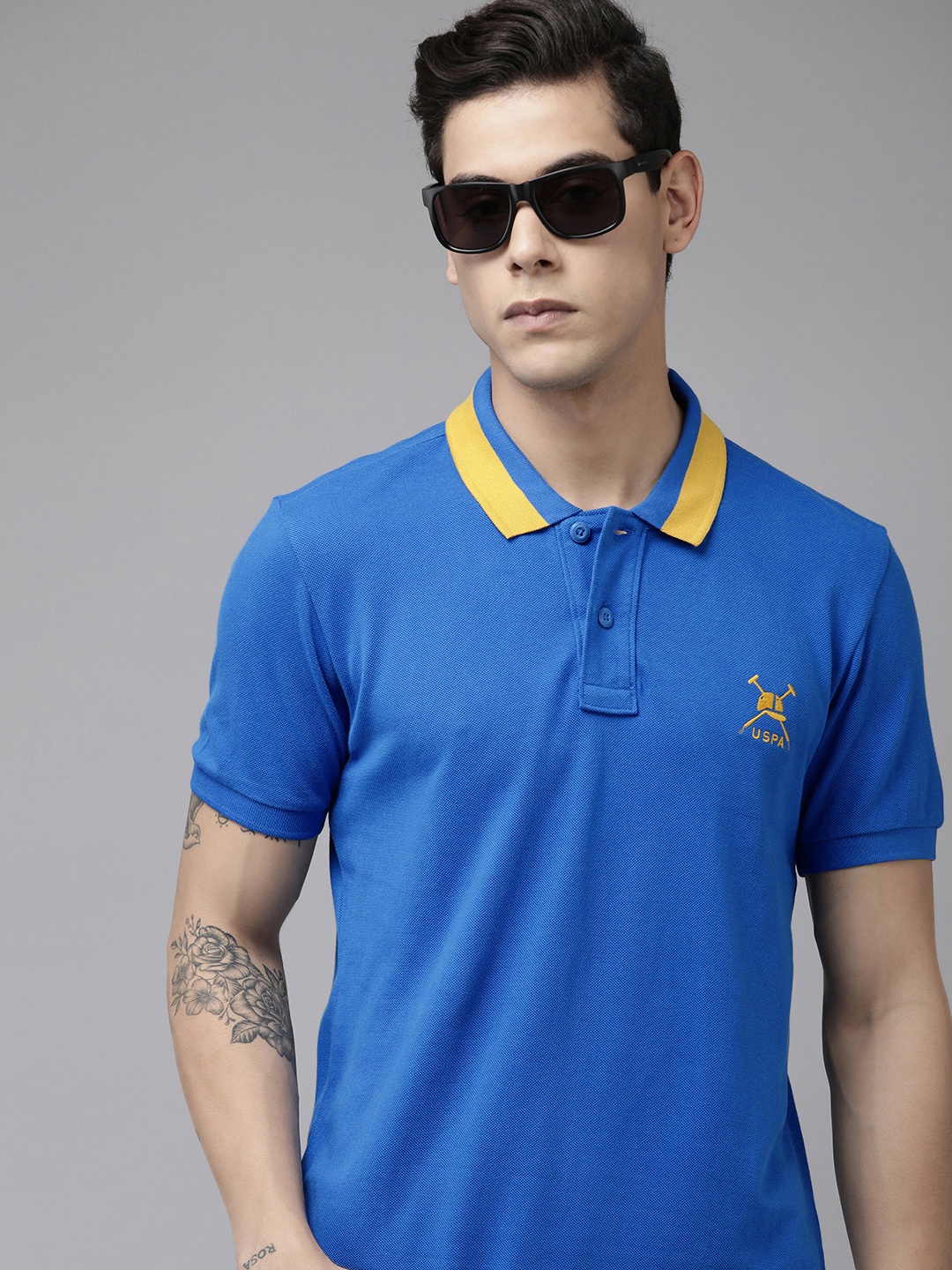 

U.S. Polo Assn. Men Blue Solid Polo Collar Indigo Pure Cotton Slim Fit T-shirt