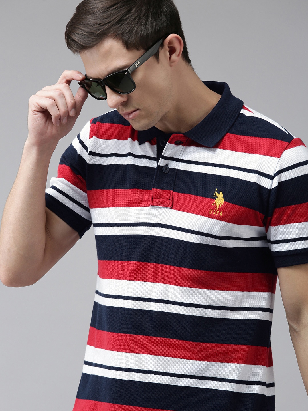 

U S Polo Assn Men Red & Navy Blue Striped Polo Collar Slim Fit Pure Cotton T-shirt