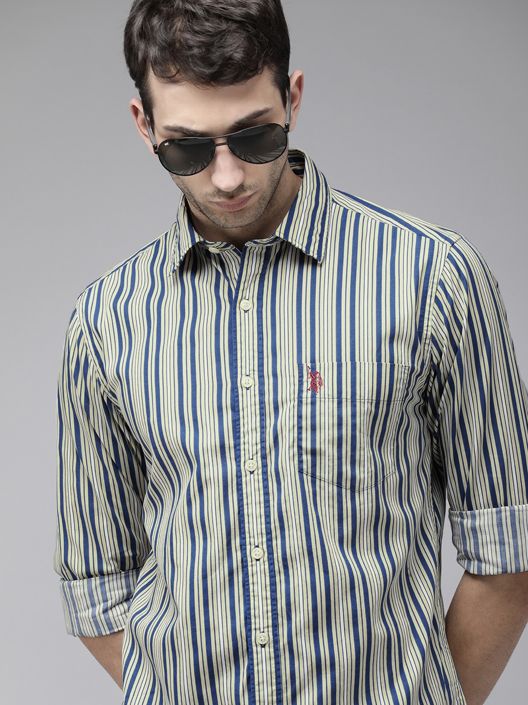 

U S Polo Assn Men Light Beige & Navy Blue Tailored Fit Striped Pure Cotton Casual Shirt