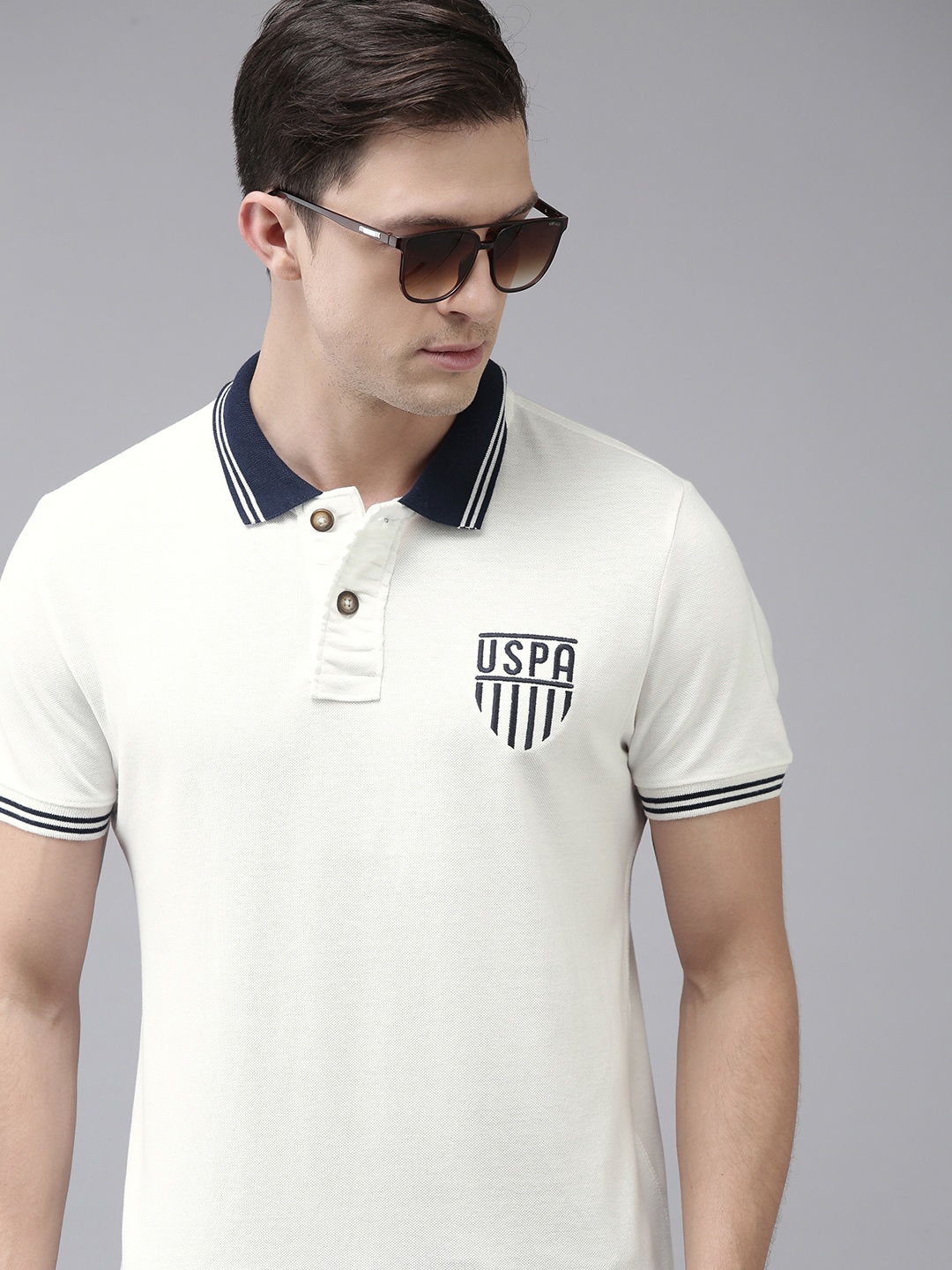 

U.S. Polo Assn. Denim Co. Men Off-White Polo Collar Pure Cotton Applique T-shirt