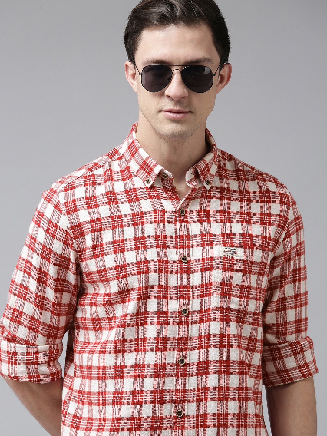 

U S Polo Assn Denim Co Men Red & White Checked Casual Shirt