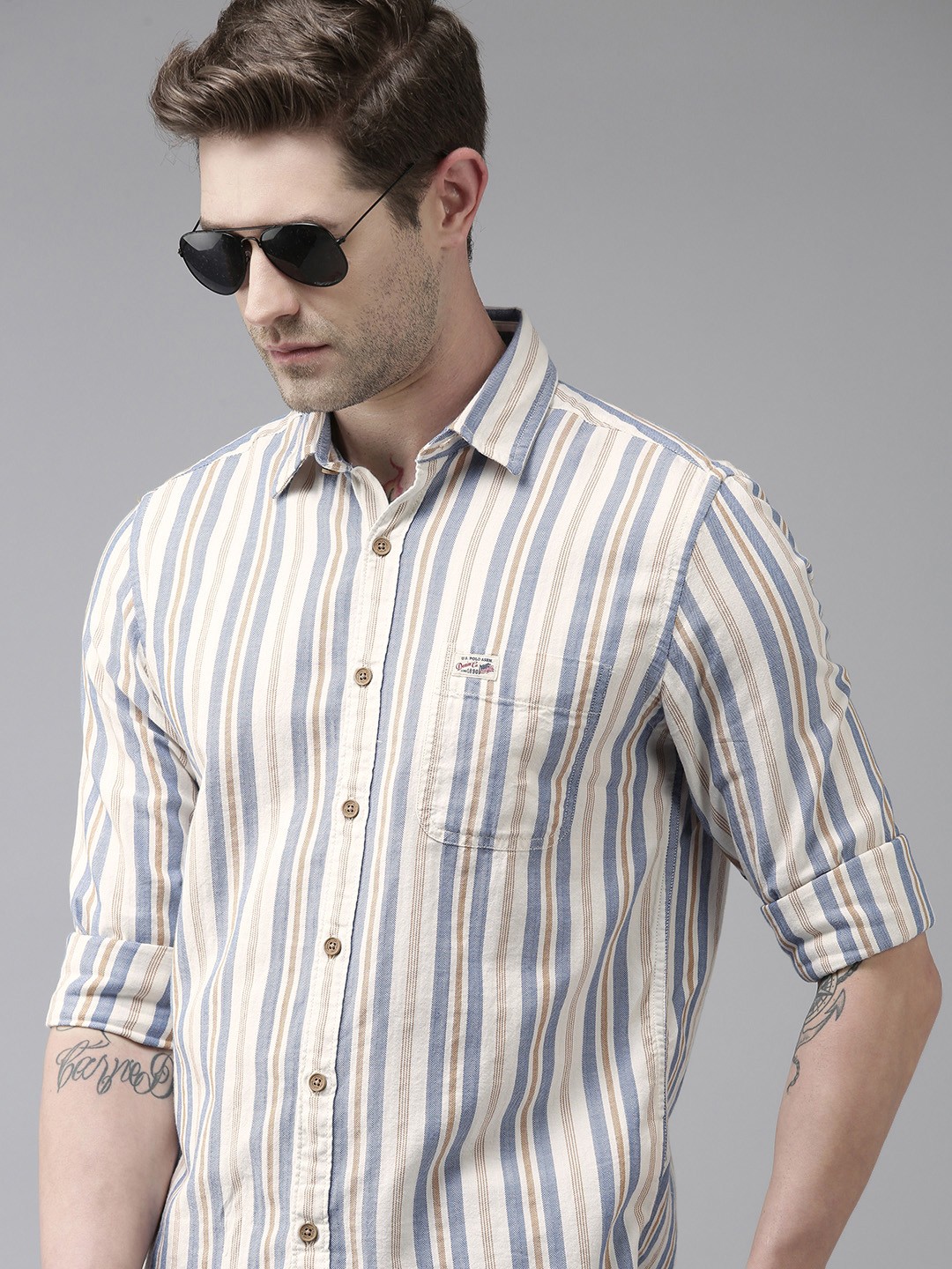 

U S Polo Assn Denim Co Men White Multi Striped Slim Fit Pure Cotton Casual Shirt