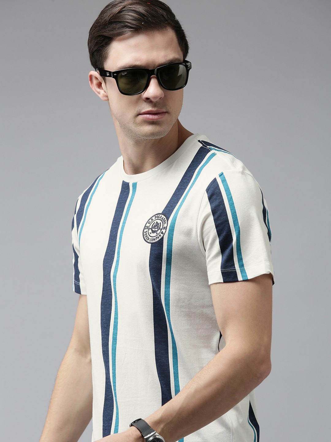 

U S Polo Assn Denim Co Men Off White & Turquoise Blue Striped Pure Cotton T-shirt