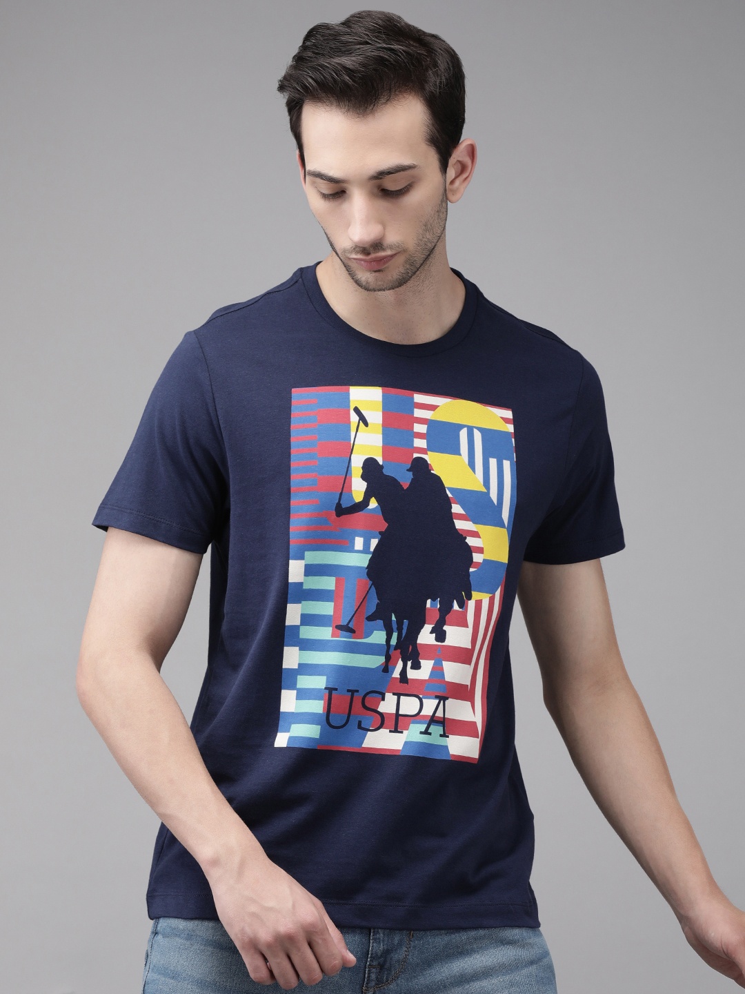 

U S Polo Assn Denim Co Men Navy Blue Graphic Printed Regular Fit Cotton Casual Pure Cotton T-shirt
