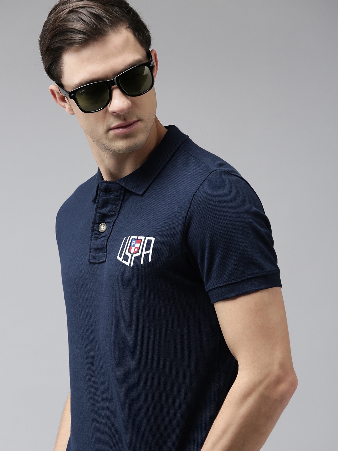 

U S Polo Assn Denim Co Men Navy Blue Embroidered Detail Polo Collar Pure Cotton T-shirt