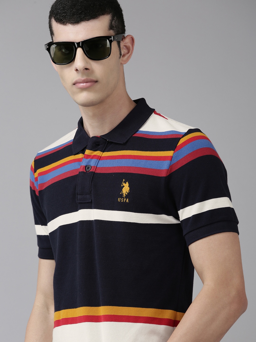 

U.S. Polo Assn. Men Navy Blue & White Striped Polo Collar Pure Cotton T-shirt