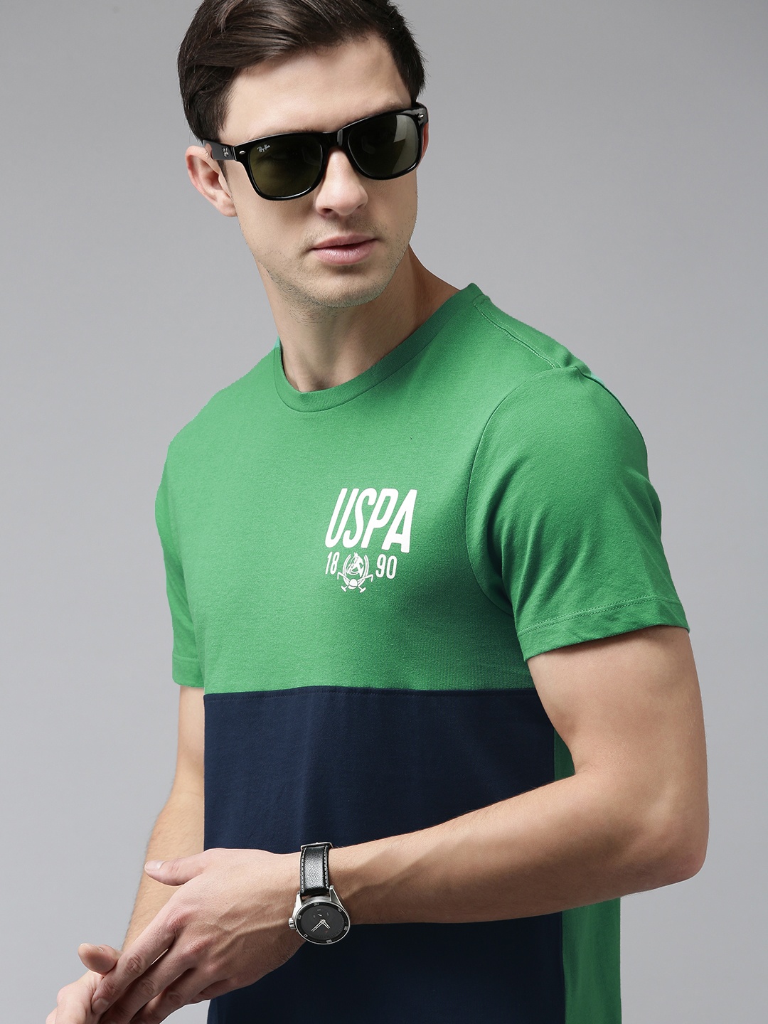 

U S Polo Assn Denim Co Men Green & Navy Blue Colourblocked Pure Cotton T-shirt