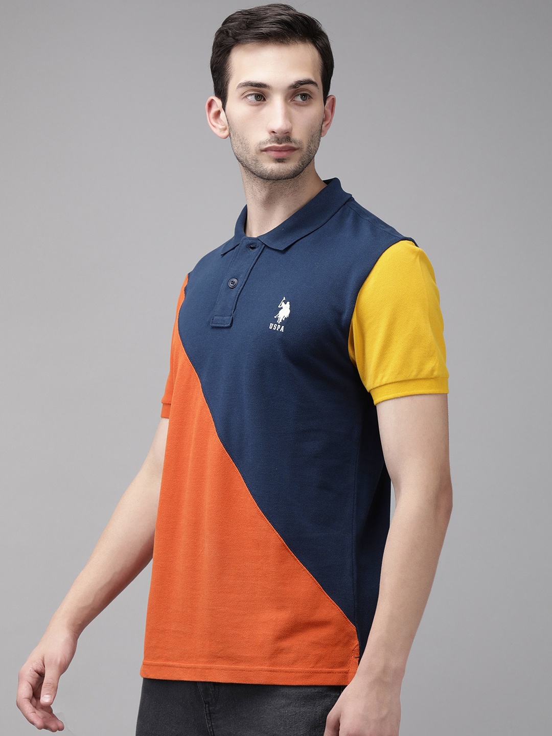 

U S Polo Assn Men Navy Blue Orange Colourblocked Polo Collar Slim Fit Cotton Pure Cotton T-shirt