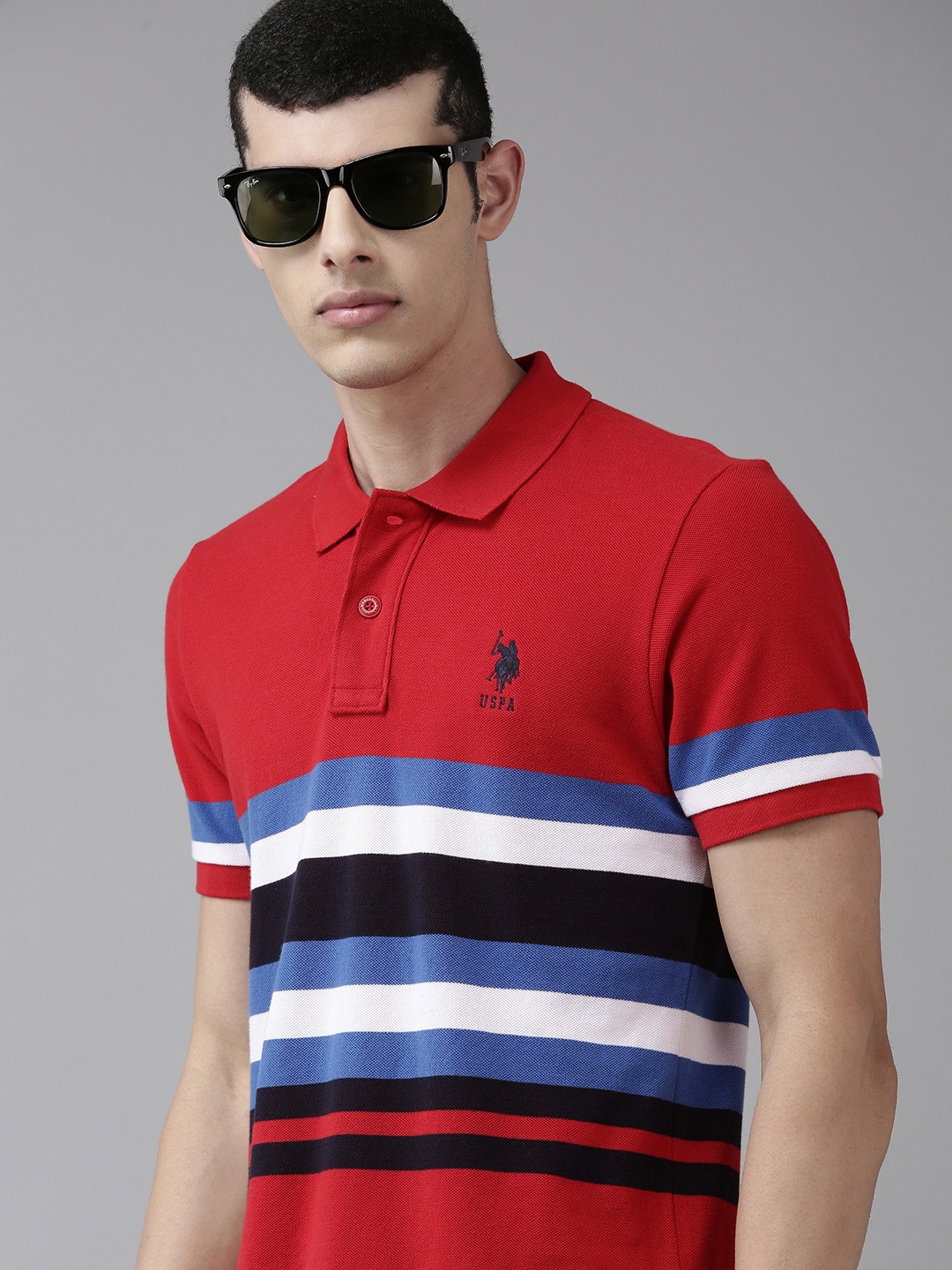 

U S Polo Assn Men Red & Blue Striped Polo Collar Slim Fit Pure Cotton T-shirt