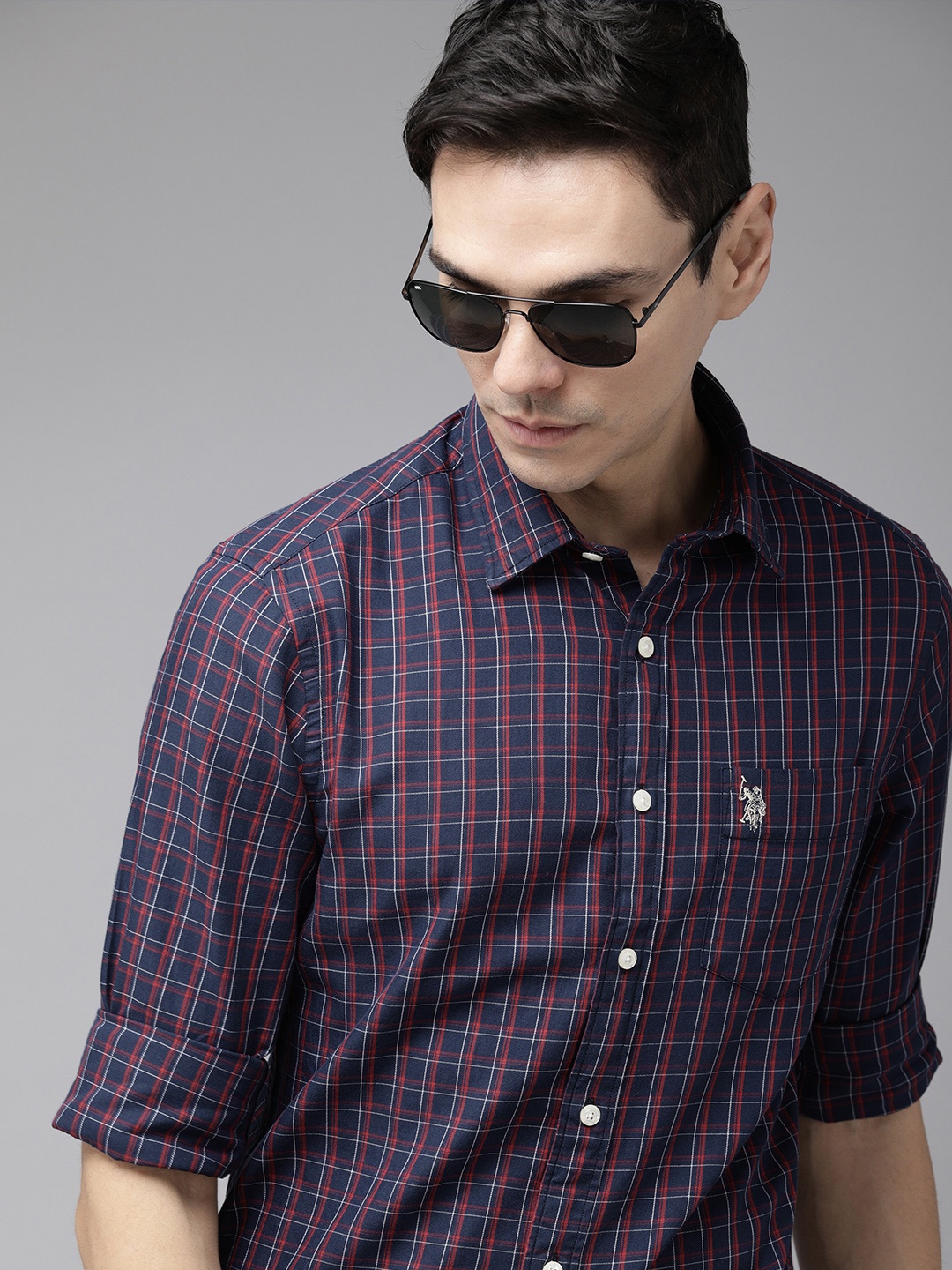 

U S Polo Assn Men Navy Blue Tailored Fit Checked Cotton Casual Shirt