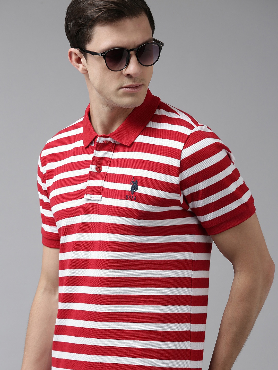 

U S Polo Assn Men Red & White Striped Polo Collar Slim Fit Pure Cotton Casual T-shirt