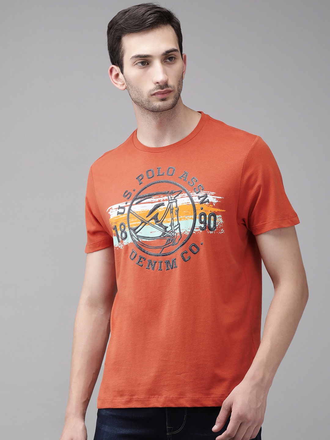

U.S. Polo Assn. Denim Co. Men Orange Typography Printed Pure Cotton T-shirt