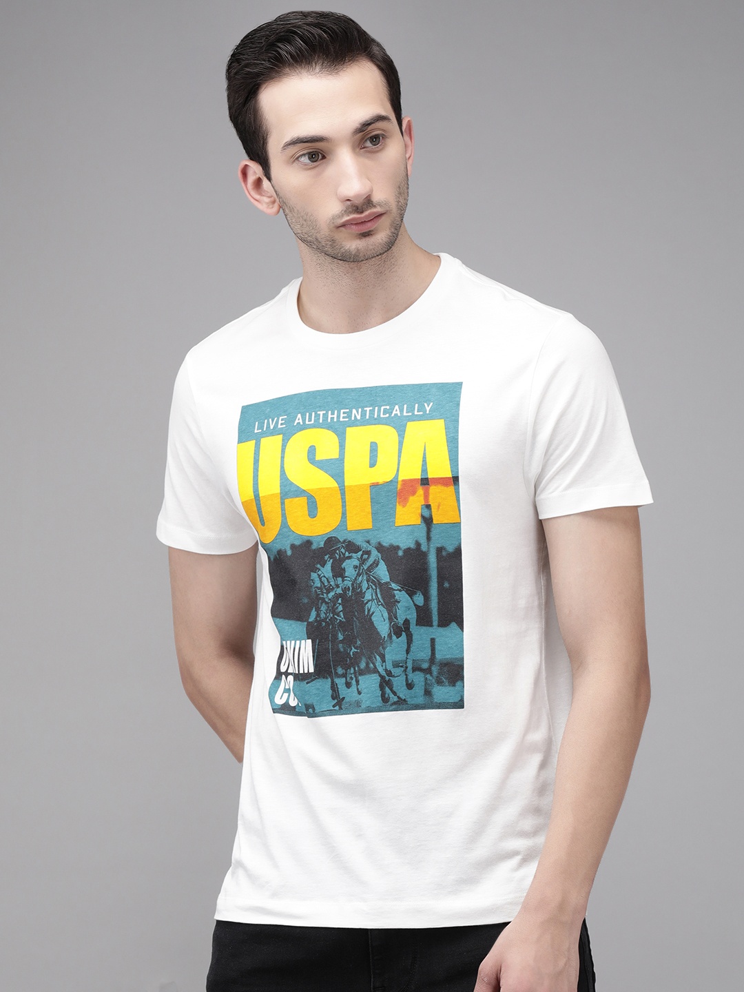 

U S Polo Assn Denim Co Men White Graphic Printed Regular Fit Cotton Casual Pure Cotton T-shirt