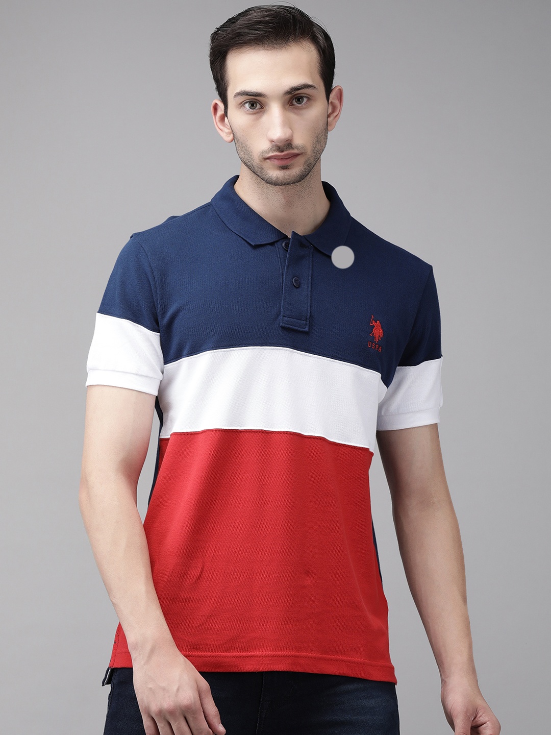 

U S Polo Assn Men White Red Colourblocked Polo Collar Slim Fit Cotton Pure Cotton T-shirt