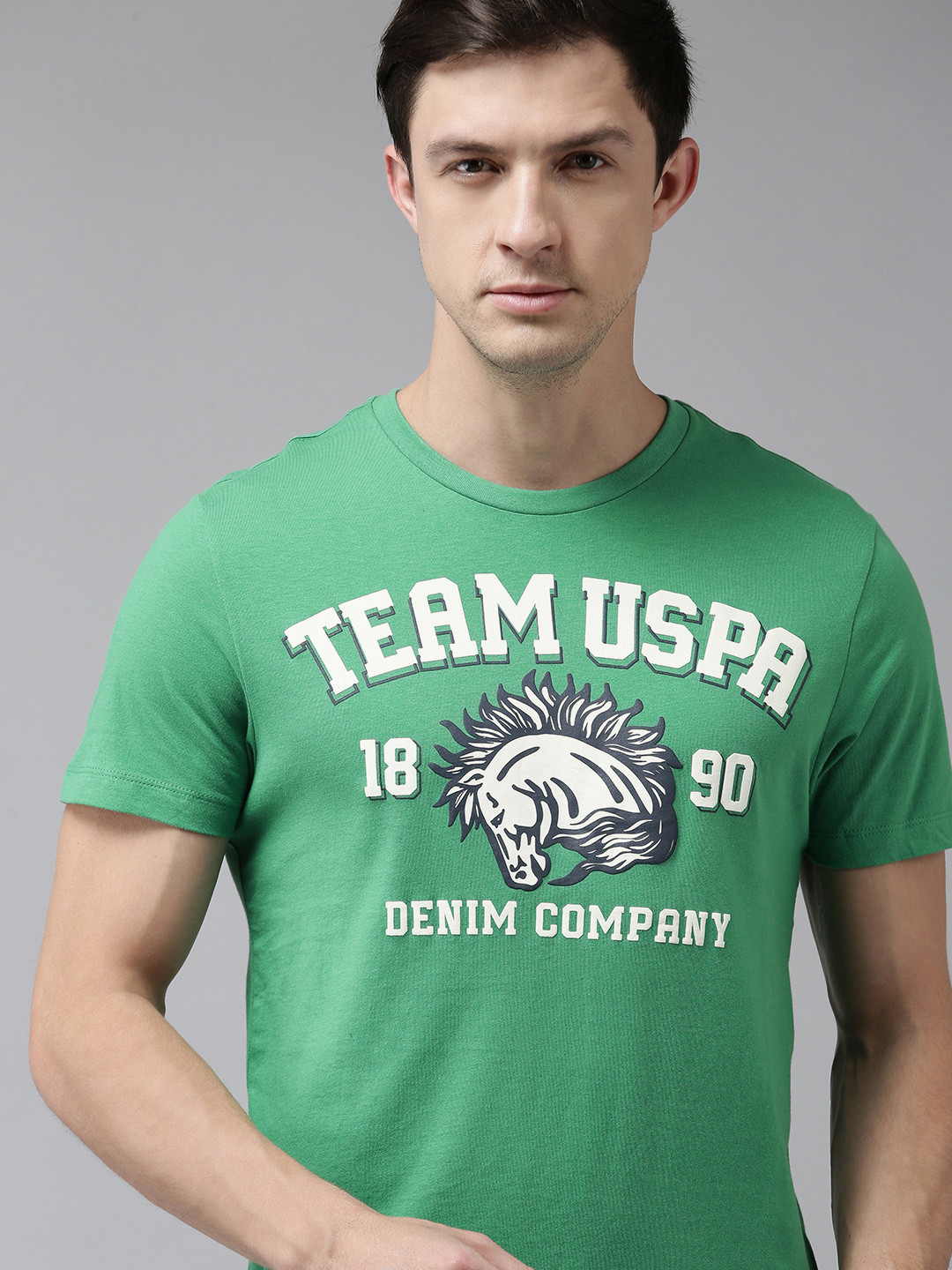 

U S Polo Assn Denim Co Men Sea Green Brand Logo Printed Pure Cotton Casual T-shirt