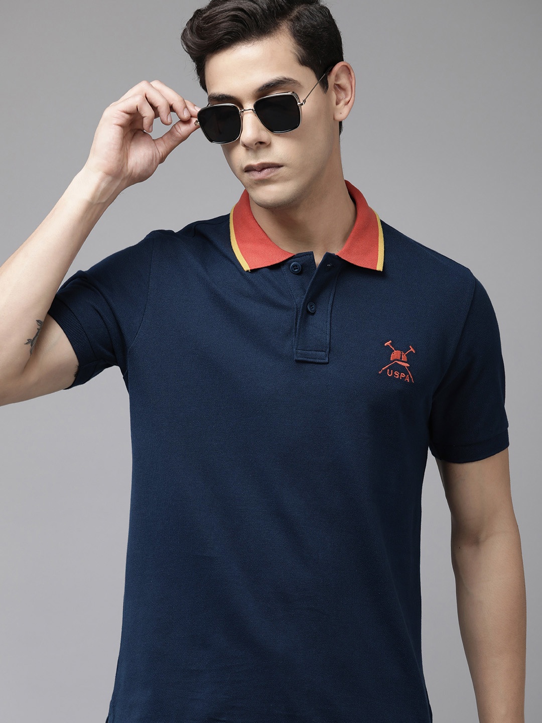 

U.S. Polo Assn. Men Navy Blue Solid Contrast Polo Collar Pure Cotton Slim Fit T-shirt