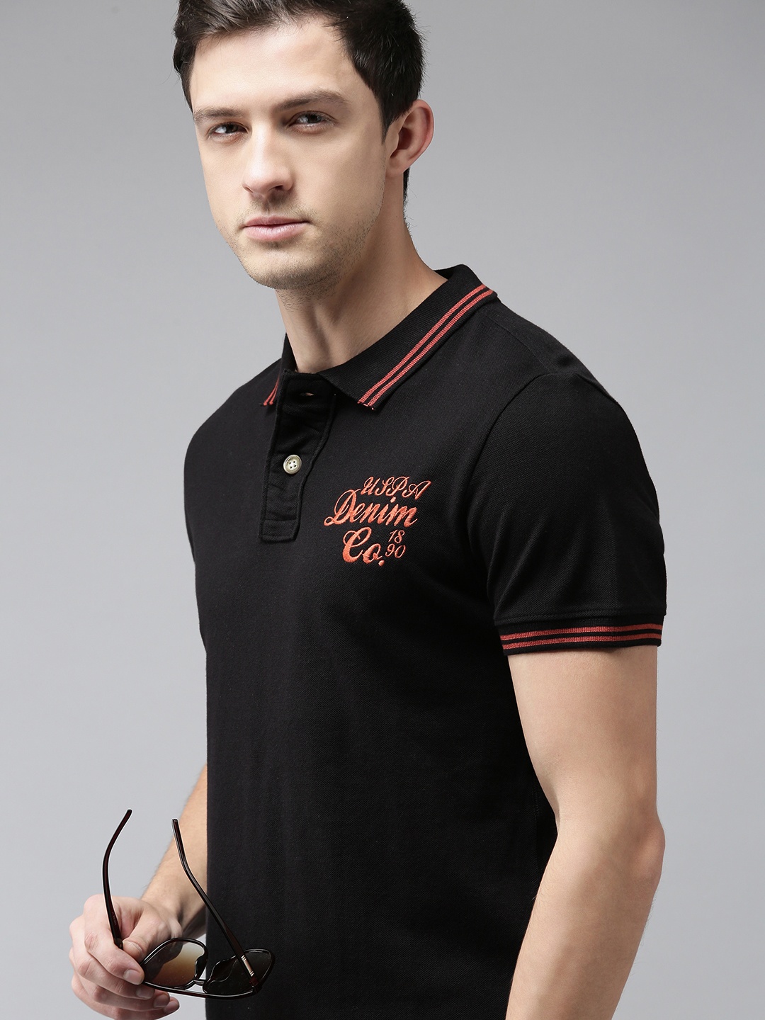 

U S Polo Assn Denim Co Men Black Embroidered Detail Polo Collar Pure Cotton T-shirt