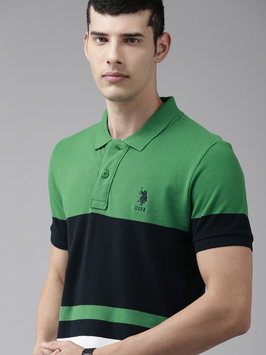 

U S Polo Assn Men Green & Navy Blue Colourblocked Polo Collar Pure Cotton T-shirt