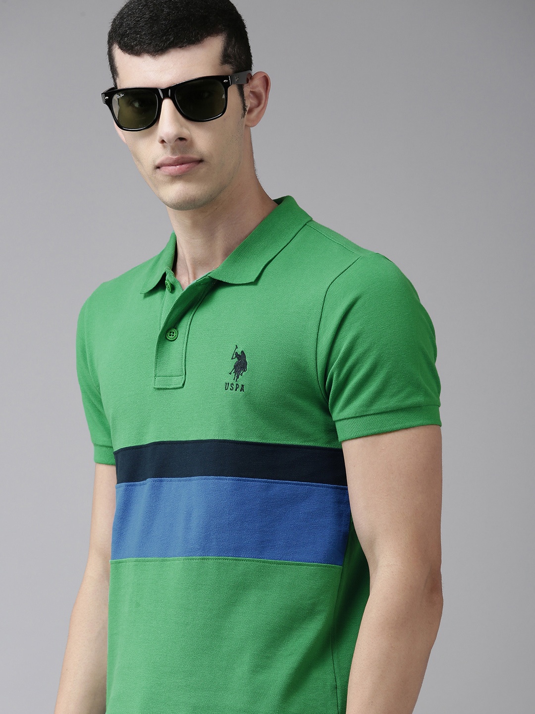 

U S Polo Assn Men Green Striped Polo Collar Slim Fit T-shirt