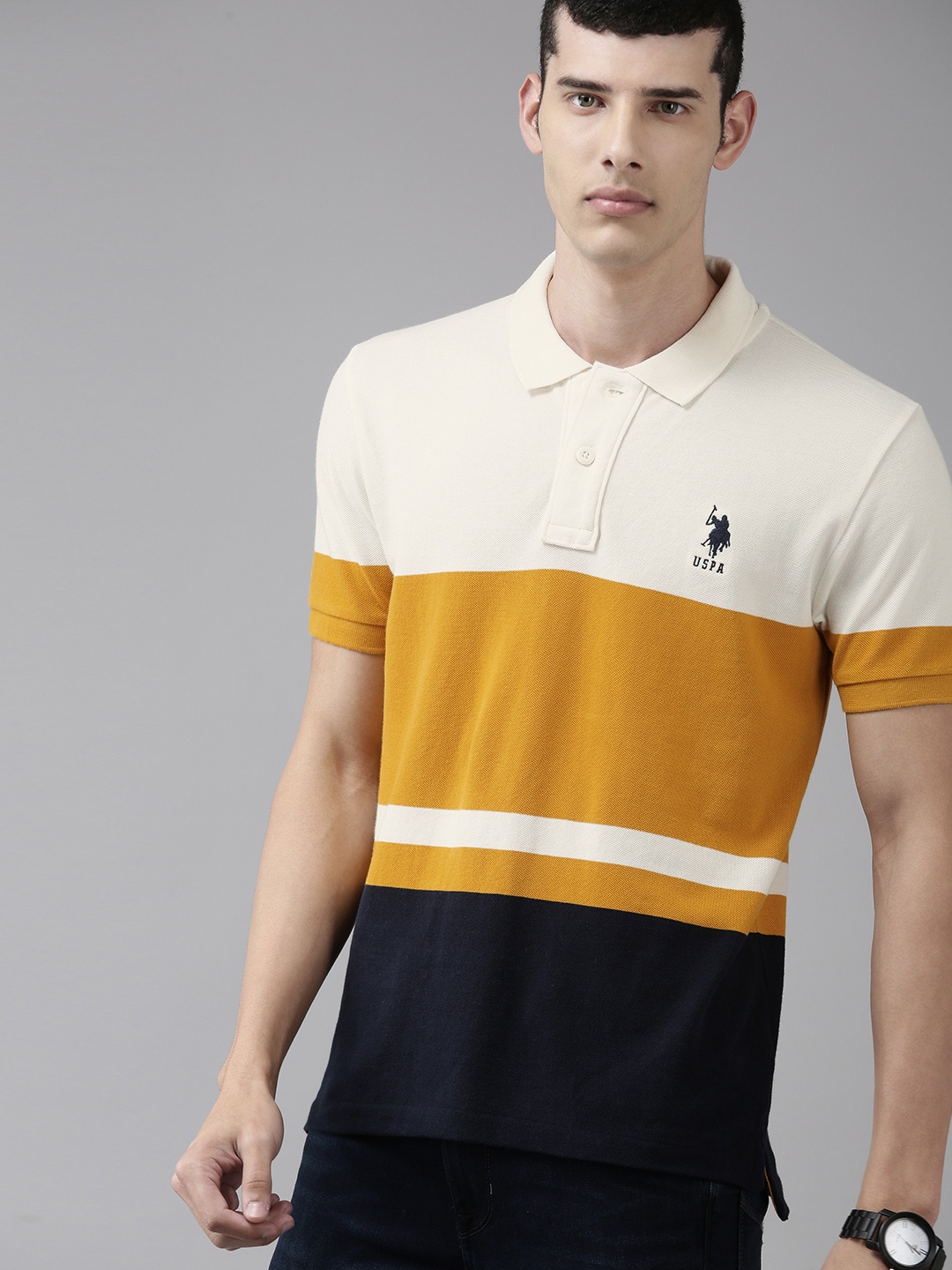 

U S Polo Assn Men White & Mustard Yellow Colourblocked Polo Collar Pure Cotton T-shirt