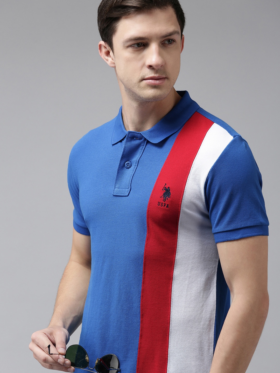 

U S Polo Assn Men Blue & Red Colourblocked Polo Collar Slim Fit Pure Cotton T-shirt