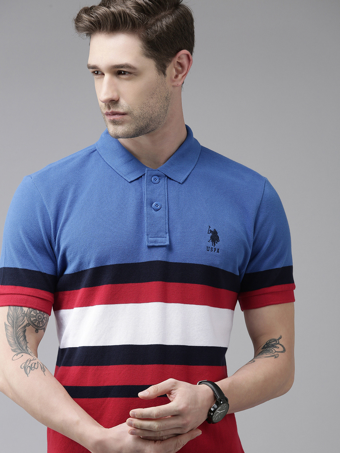 

U S Polo Assn Men Blue Red Colourblocked Polo Collar Slim Fit Cotton Pure Cotton T-shirt